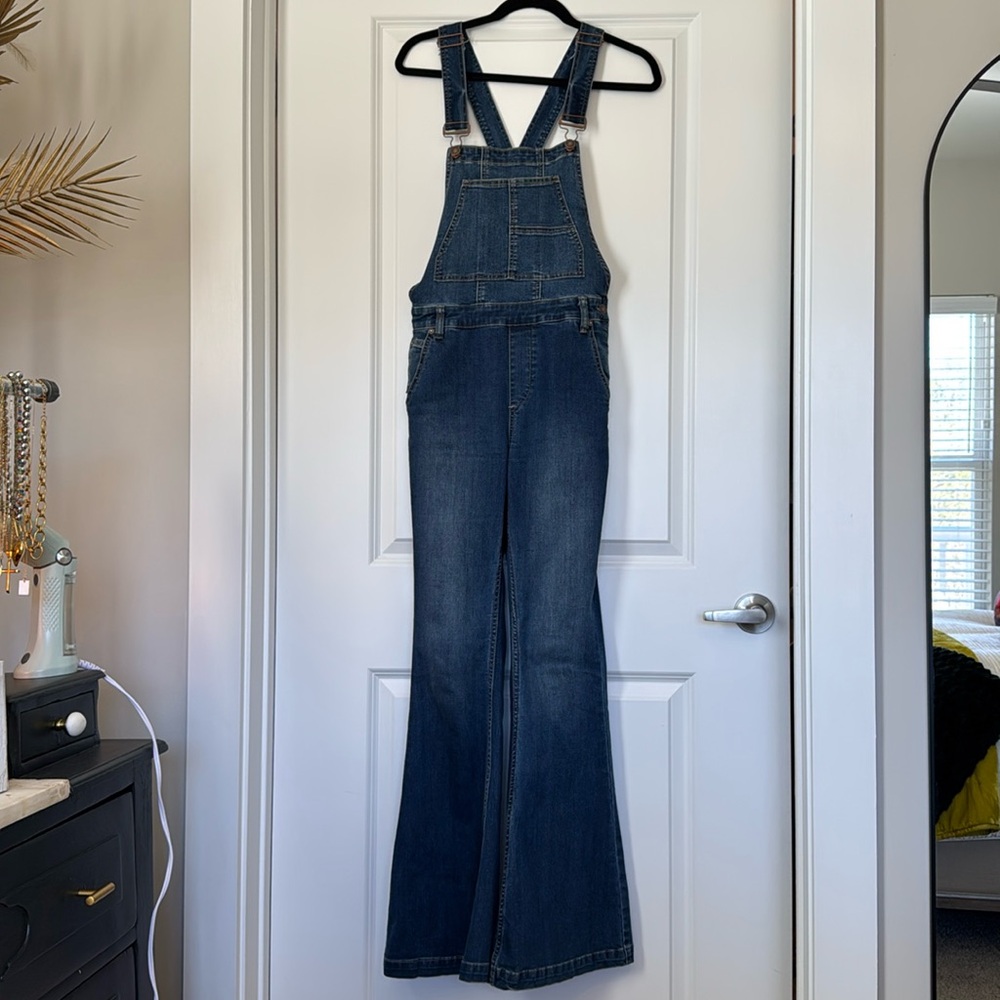 We The Free Indigo Denim Flared Overalls Jumpsuit